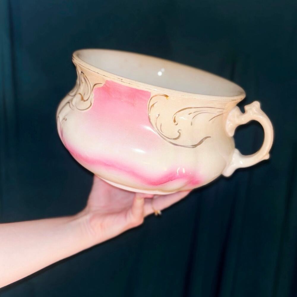 Lg Antique Victorian Dresden Pink & Cream Handled Chamber Pot w/Gold Scroll Trim